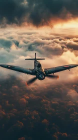 Stormlit warbird chasing the last ember of sunset sky.