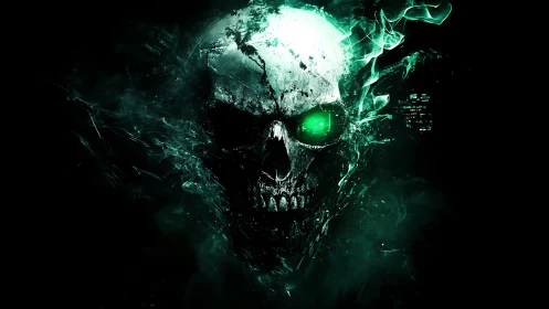 Glowing emerald cyber skull in dissolving vaporized fragments