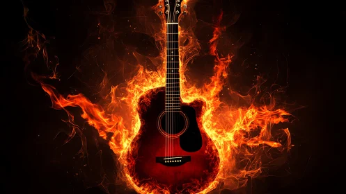 Fiery acoustic guitar glows as swirling flames dance around