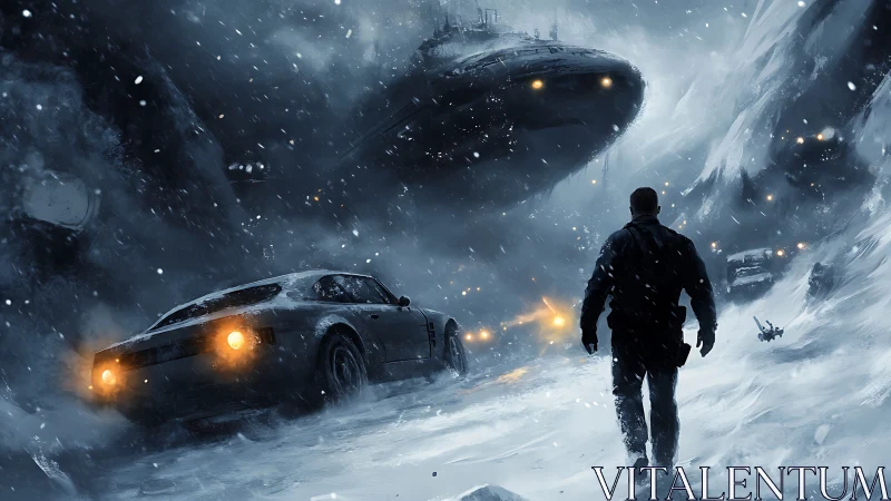 Man confronts hovering craft in snowy mountain ambush.