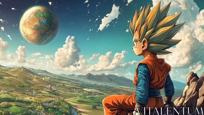 Anime warrior overlooks valley landscape under distant planet