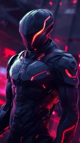 Futuristic armored cyborg with red neon highlights.