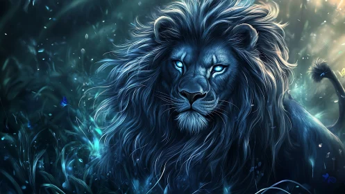 Luminous blue-eyed lion in bioluminescent nocturnal forest.