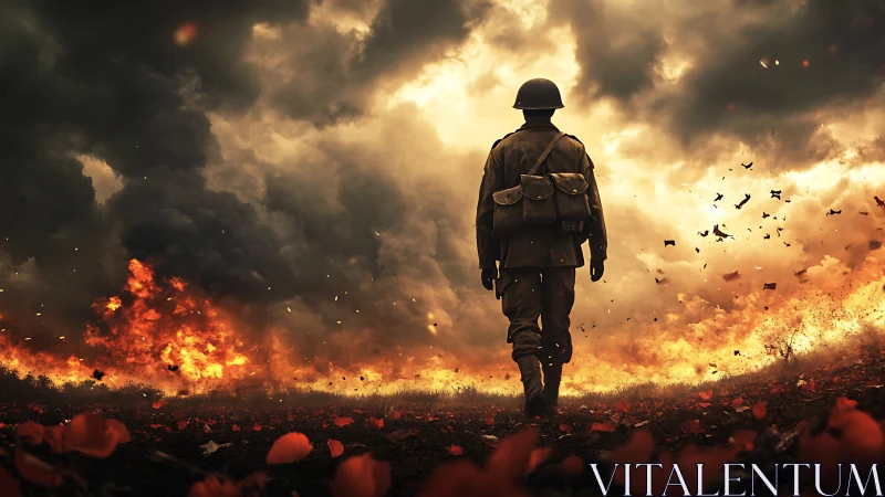 Lone soldier strides through burning battlefield storm.