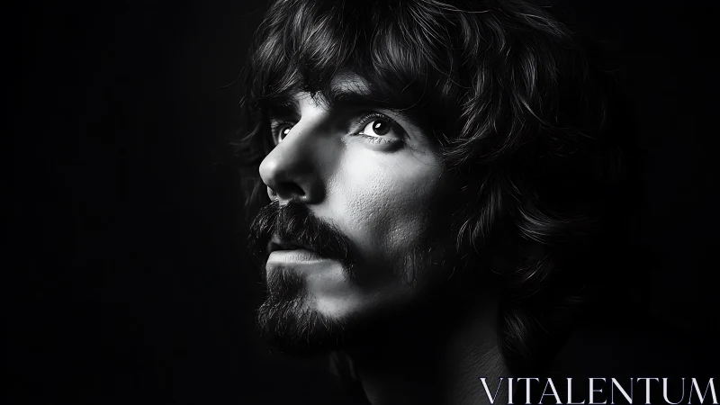 Gazing upward in dramatic monochrome portrait lighting.