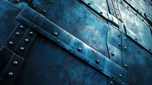 Angled blue metal plates form riveted industrial armor surface