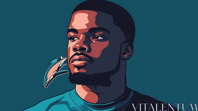 Thoughtful portrait with bold color and gentle dolphin motif.