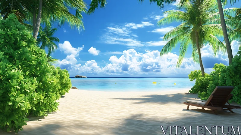 Tropical Paradise Beach Scene with Palm Trees and Turquoise Waters.