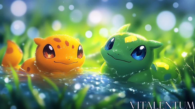 Pondlight pals, two glowing chibi creatures in sparkling grass.