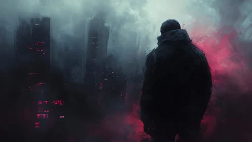 Lone figure drifting through neon fog over quiet cityscape.