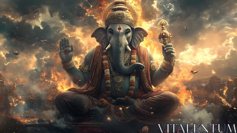 Fiery deity with elephant head seated in dramatic clouds.