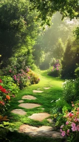 Sunlit garden path with irregular stone pavers and dense floral borders
