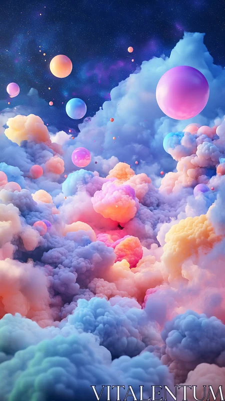 Floating pastel spheres drift above dense colorful clouds