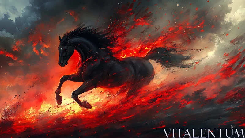 Midnight warhorse hurtles through a river of molten embers