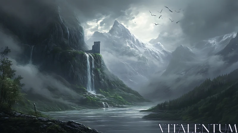 Misty mountain keep overlooks a storm-lit glacial fjord.