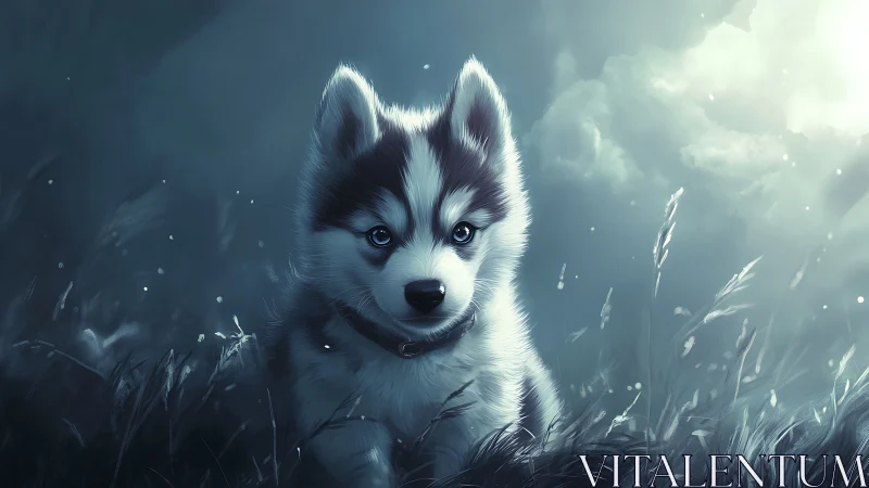 Husky puppy in dim meadow with overcast sky backdrop.