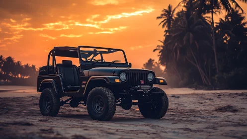 Sunset beach jeep waits at the edge of tomorrow’s road.