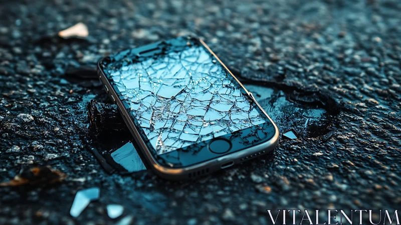 Smartphone with shattered glass screen lying on wet asphalt.