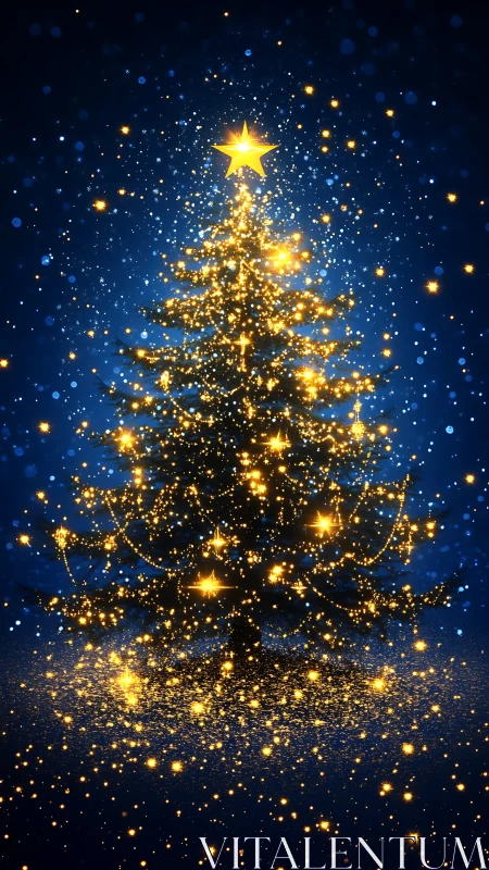 Radiant Christmas tree with golden star on deep blue night.