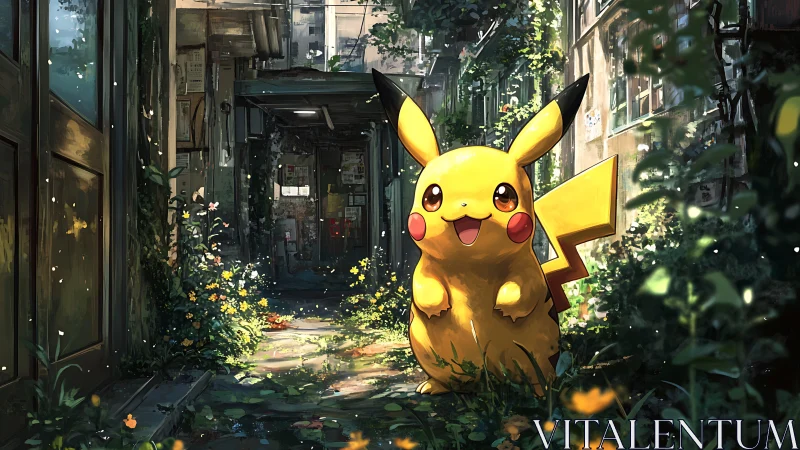 Pikachu exploring a sunlit overgrown city alleyway.