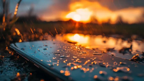 Smartphone in rain-soaked macro scene at sunset reflection.