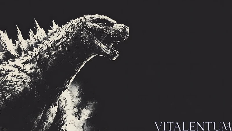 Monochrome kaiju side profile with jagged dorsal spines roaring