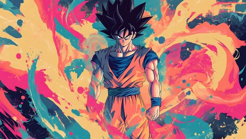 Bold anime hero surrounded by vibrant swirling colors.