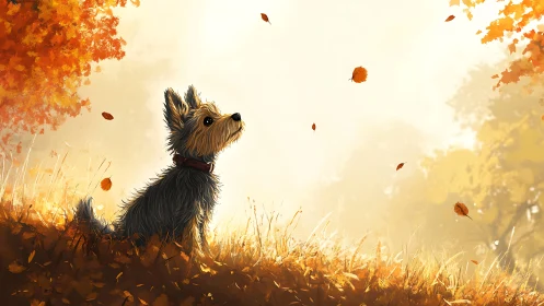 Small dog watches falling autumn leaves in warm sunlight