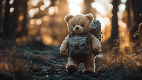Curious teddy bear steps into a golden forest adventure