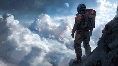 Stargazing explorer stands above glowing endless clouds.