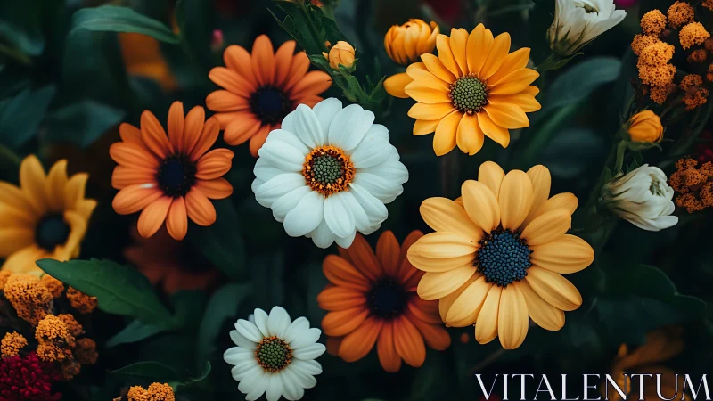 Vibrant Daisy Garden with Orange, Yellow, and White Blooms.
