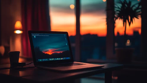 Laptop glows against vibrant apartment sunset skyline.