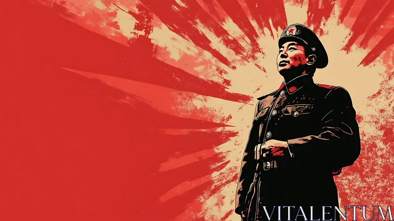 Propagandist military portrait with radial red sunburst field.