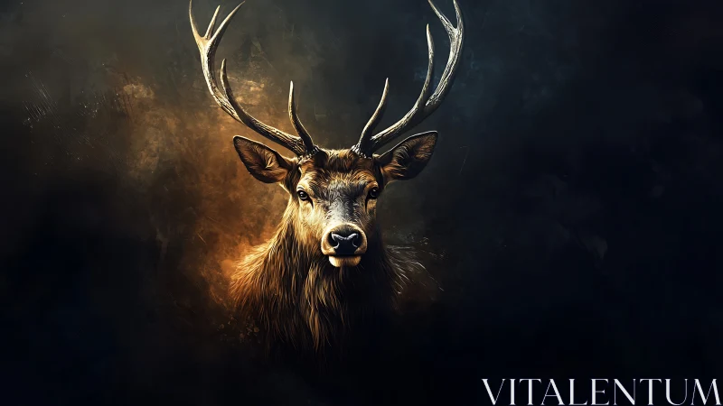 Stag portrait with antlers on dark textured abstract background.