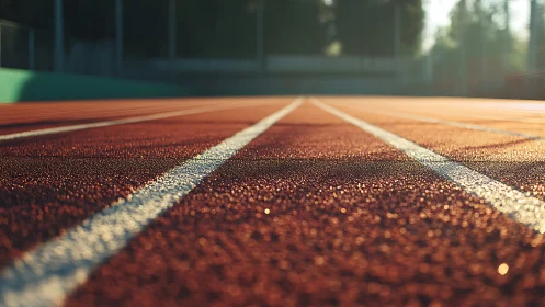 Sunlit running track surface with white lane markings.