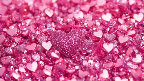 Glitter heart treasure nest amid dazzling pink confetti gems.