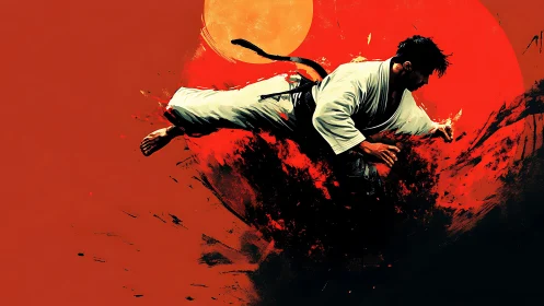 Martial artist mid-air kick against red sun ink explosion
