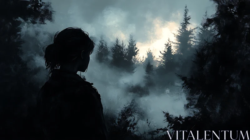 Moody digital painting of lone figure in misted conifer forest.