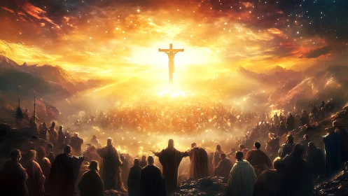 Radiant crucifixion vision over luminous gathered multitude.