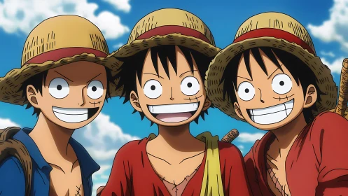 Three smiling straw hat characters stand closely together