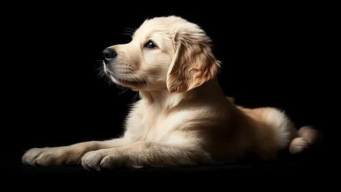 Gentle golden retriever puppy rests calmly in soft studio light