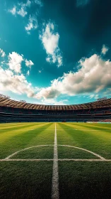 Expansive football stadium field under dramatic teal skies.