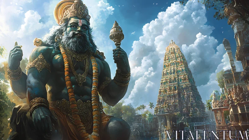 Sky-robed temple titan blessing a sunlit mythic city.