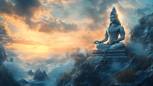 Sky-borne Shiva statue breathes calm into blazing dawn clouds