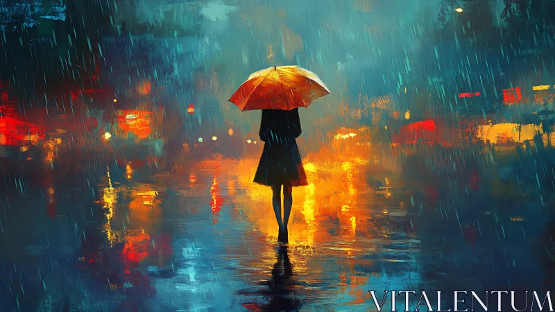 Solitary figure stands under umbrella in illuminated rainfall