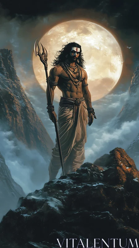 Moon-forged ascetic watches storm-tossed peaks in silence