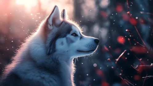 Luminous husky profile in shallow-depth winter bokeh field.