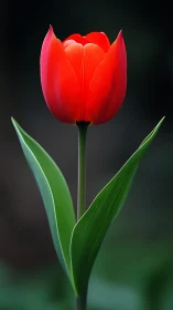 Scarlet tulip stands luminous against a velvety spring hush.