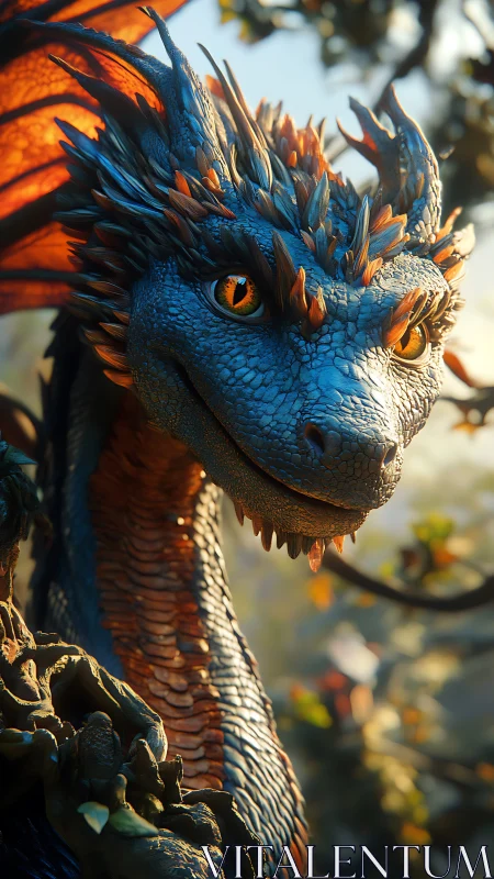 Gentle blue dragon smiles warmly in a sunlit forest glade