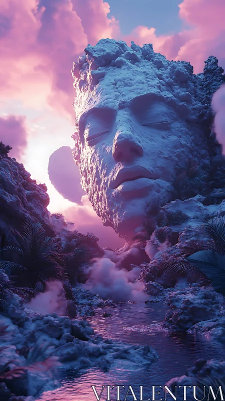 Dream-soaked canyon cradles a colossal sleeping stone face